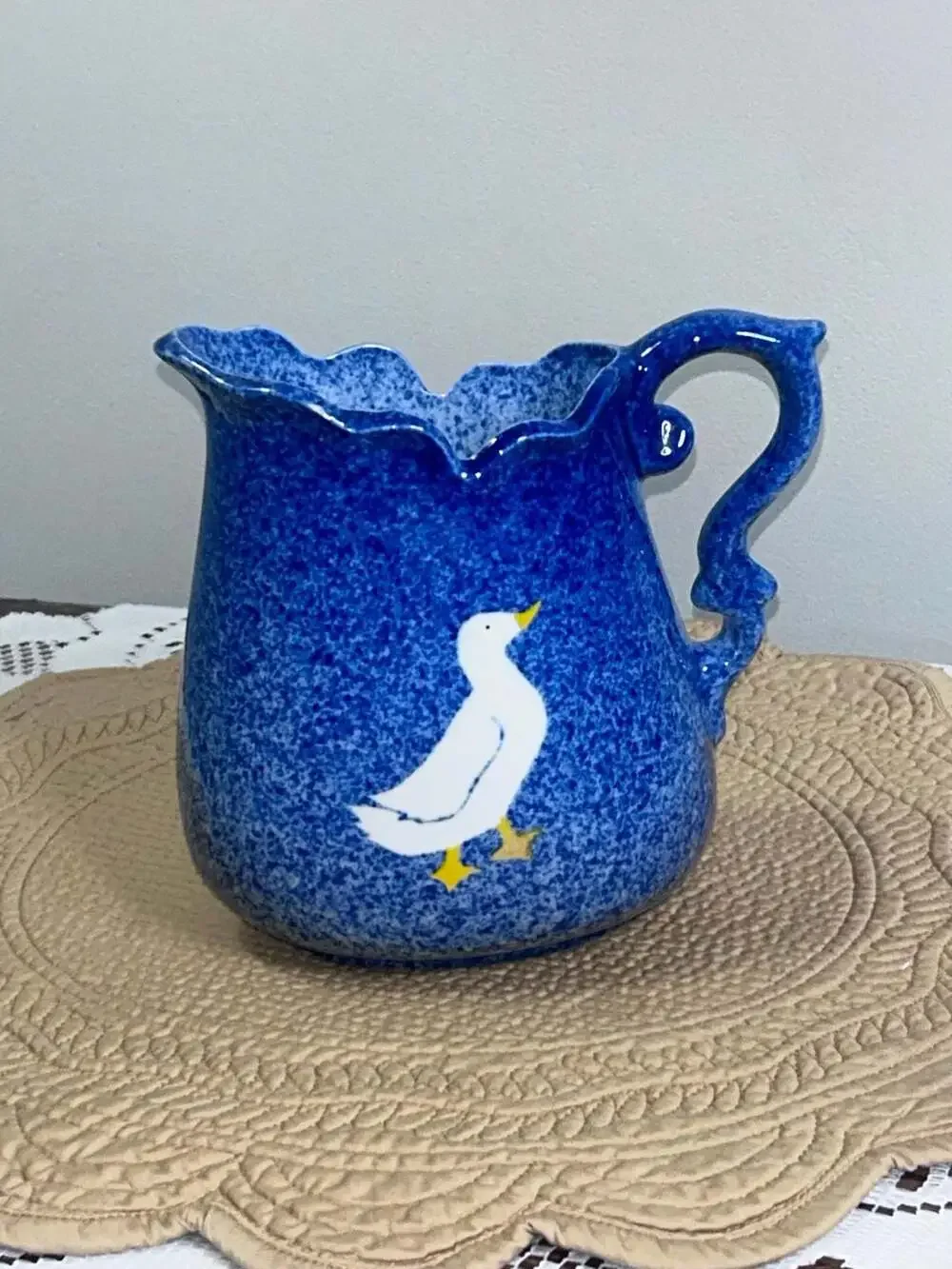 Vintage Calico Crown China Blue Spongeware Spatterware Ceramic Pitcher Duck